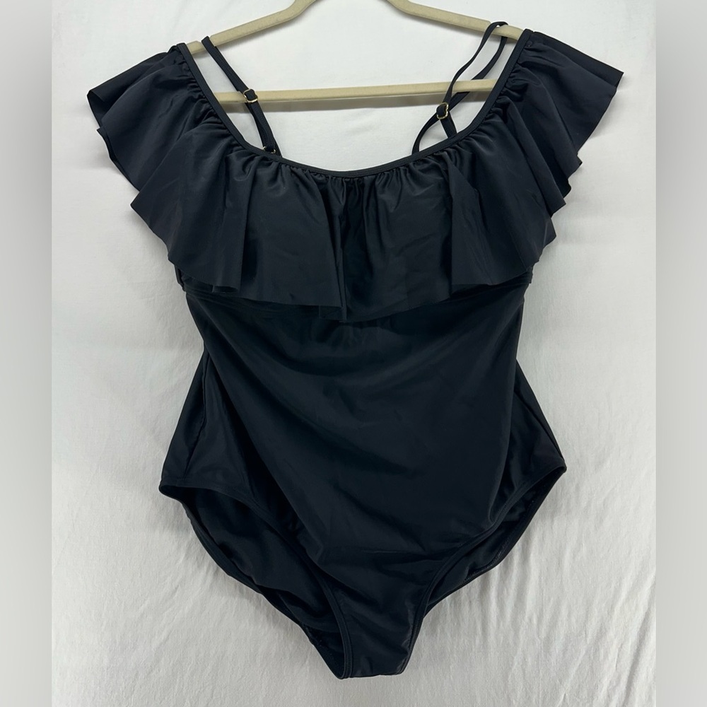 Island Soul Curve Black One Piece Swimsuit Ruffle Top Off Shoulder Soft‎ Cups 1X